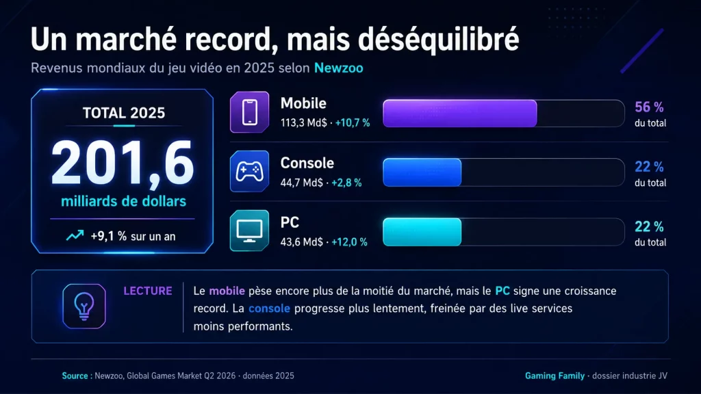 Revenus mondiaux du jeu vidéo en 2025 selon Newzoo : un marché au-dessus des 200 milliards de dollars, mais très déséquilibré selon les plateformes.